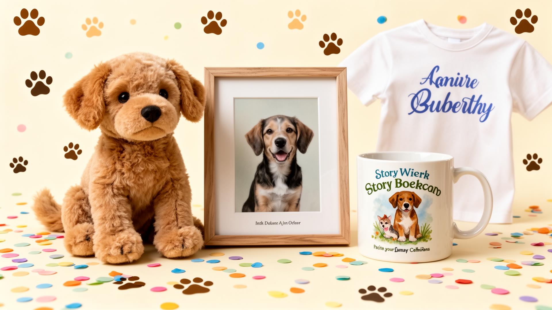 Custom pet plushie, framed portrait, storybook, mug and shirt